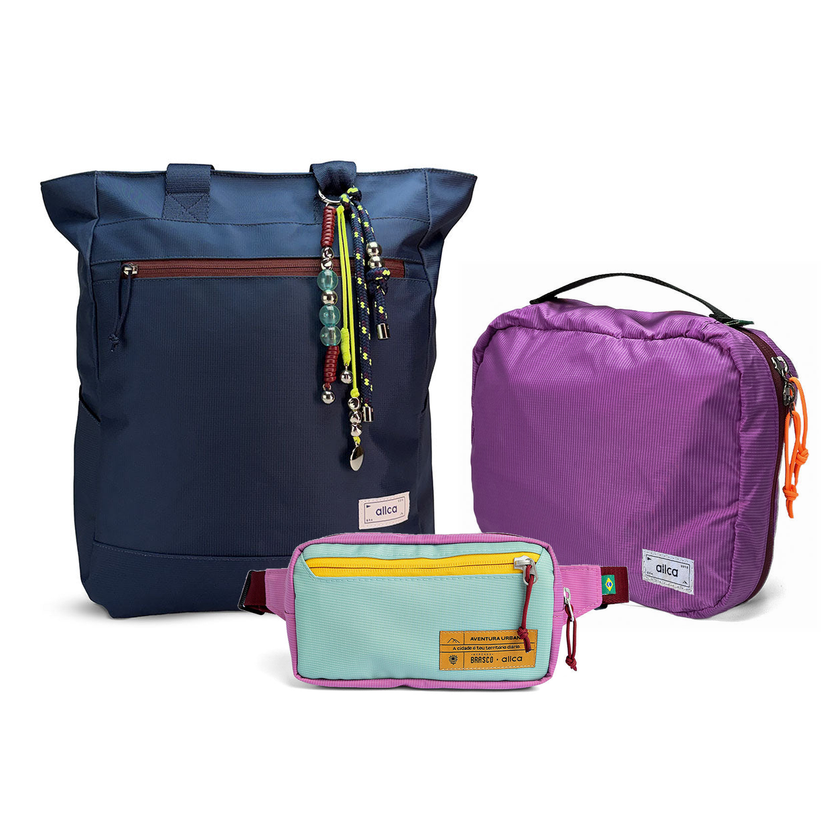 Kit Aerolook - Tote Minuano + Pochete Brasco, Azul Aurora e Azul Respiro, Nécessaire Hotel Roxa da Allcatrazes