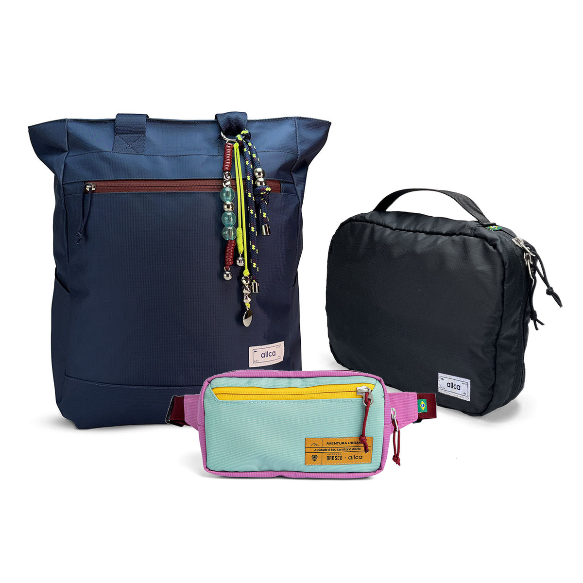 Kit Aerolook com Tote Minuano e Pochete Brasco, Azul Aurora e Azul Respiro, com Nécessaire Hotel preta da Allcatrazes