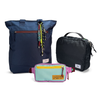 Kit Aerolook com Tote Minuano e Pochete Brasco, Azul Aurora e Azul Respiro, com Nécessaire Hotel preta da Allcatrazes