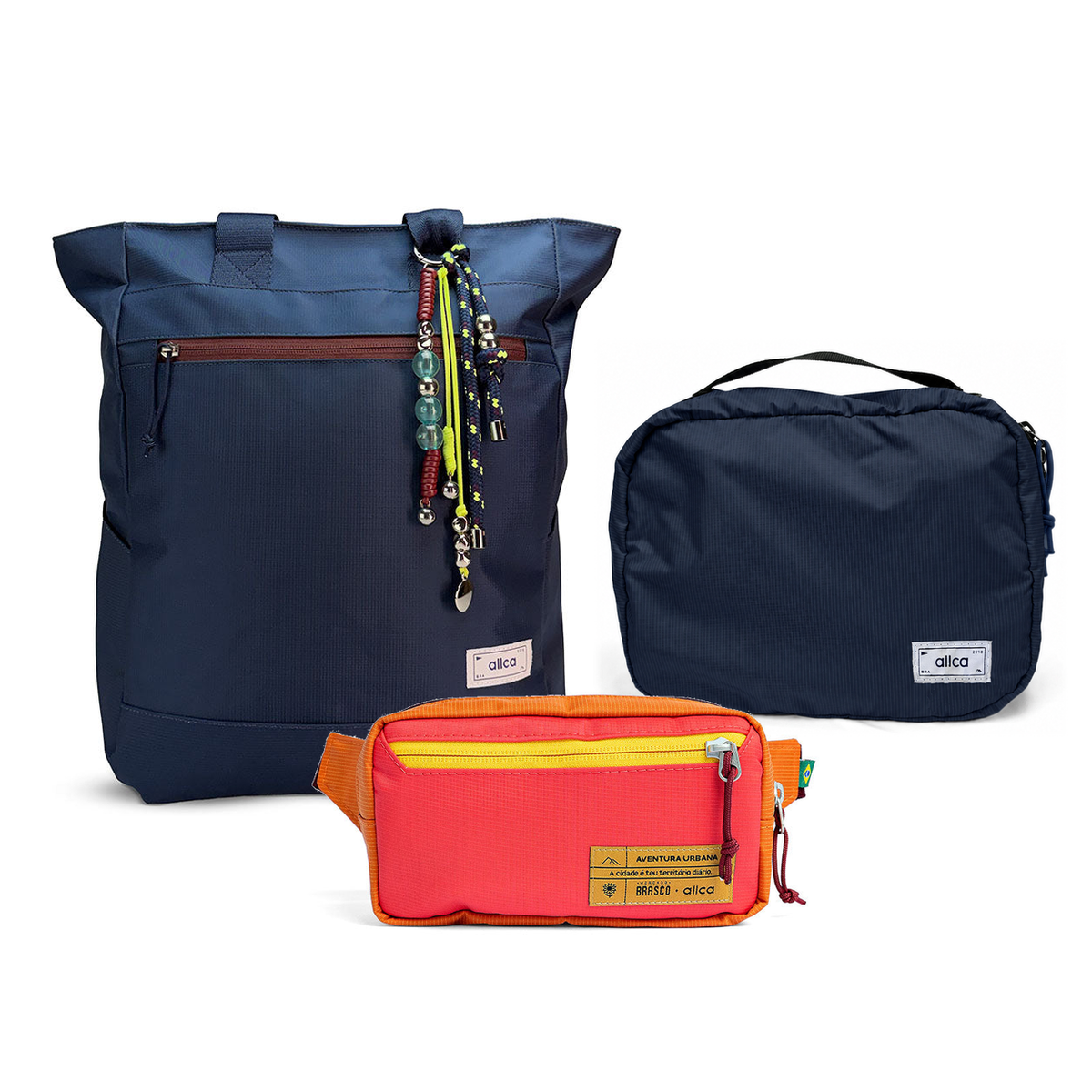 Kit Aerolook - Tote Minuano + Pochete Brasco, Azul Aurora e Coral Esquina, Nécessaire Hotel Azul Aurora da Allcatrazes