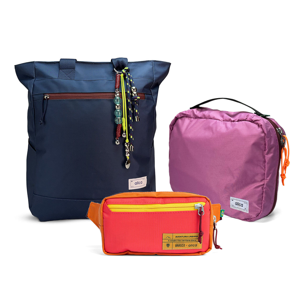 Kit Aerolook - Tote Minuano + Pochete Brasco, Azul Aurora e Coral Esquina, Nécessaire Hotel Rosa da Allcatrazes