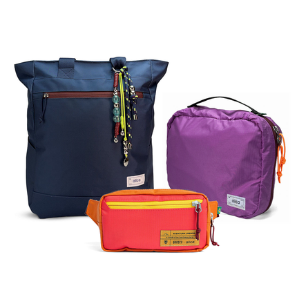 Kit Aerolook - Tote Minuano + Pochete Brasco, Azul Aurora e Coral Esquina, Nécessaire Hotel Roxa da Allcatrazes