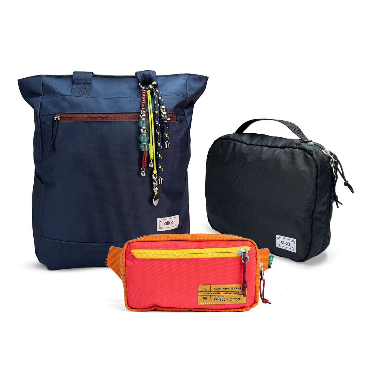 Kit Aerolook com Tote Minuano e Pochete Brasco, Azul Aurora e Coral Esquina, com Nécessaire Hotel preta da Allcatrazes