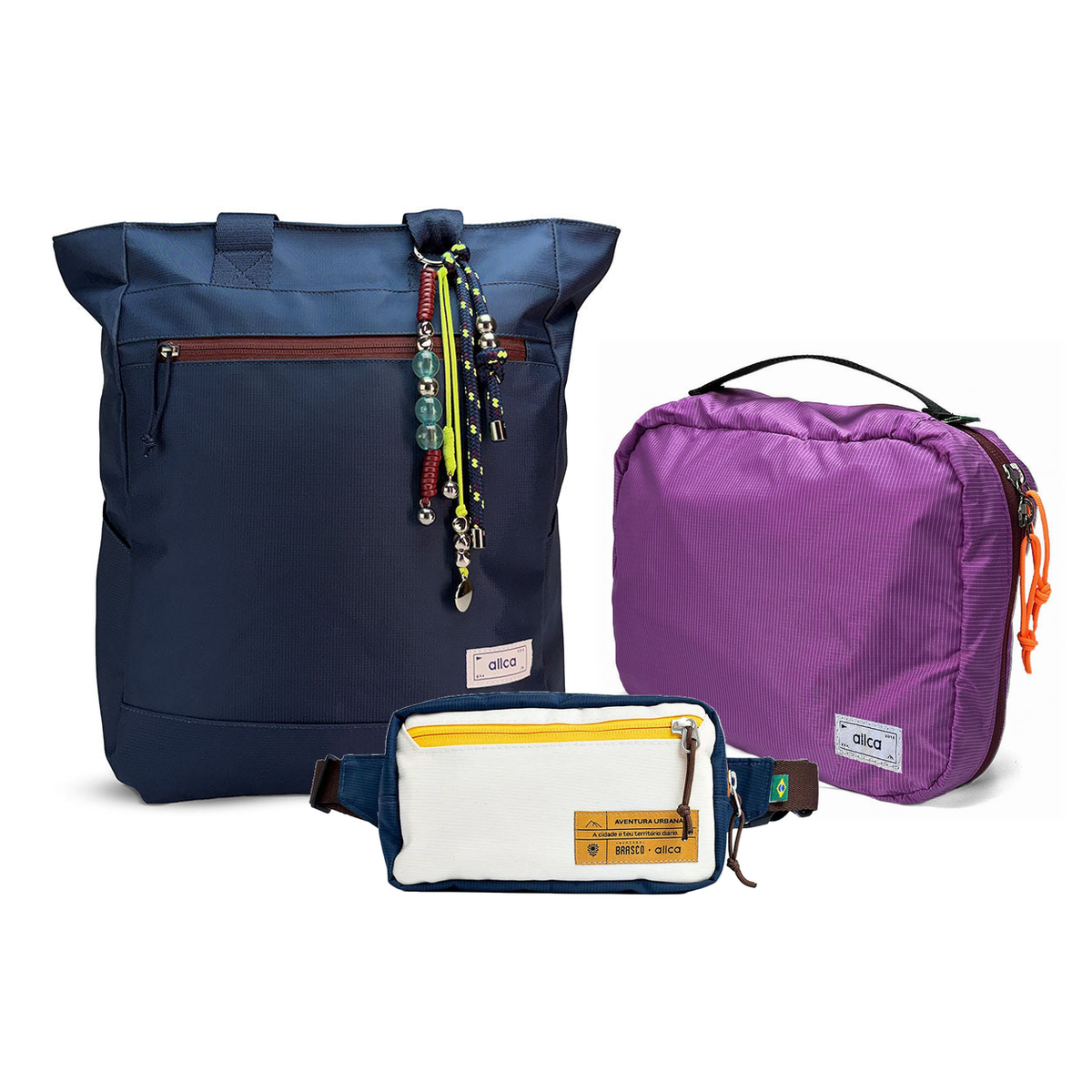 Kit Aerolook - Tote Minuano + Pochete Brasco, Azul Aurora e Off White Encontro, Nécessaire Hotel Roxa da Allcatrazes