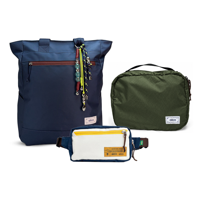 Kit Aerolook - Tote Minuano + Pochete Brasco, Azul Aurora e Off White Encontro, Nécessaire Hotel Verde Araucária da Allcatrazes
