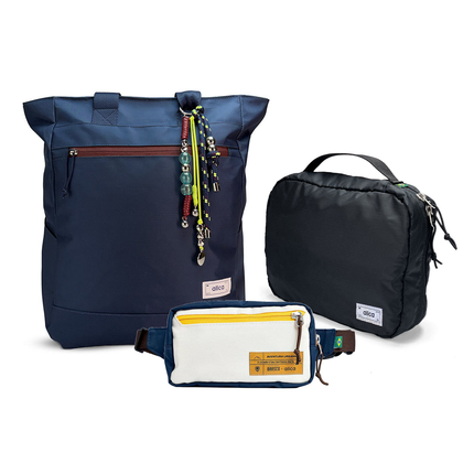 Kit Aerolook com Tote Minuano e Pochete Brasco, Azul Aurora e Off White Encontro, com Nécessaire Hotel preta da Allcatrazes