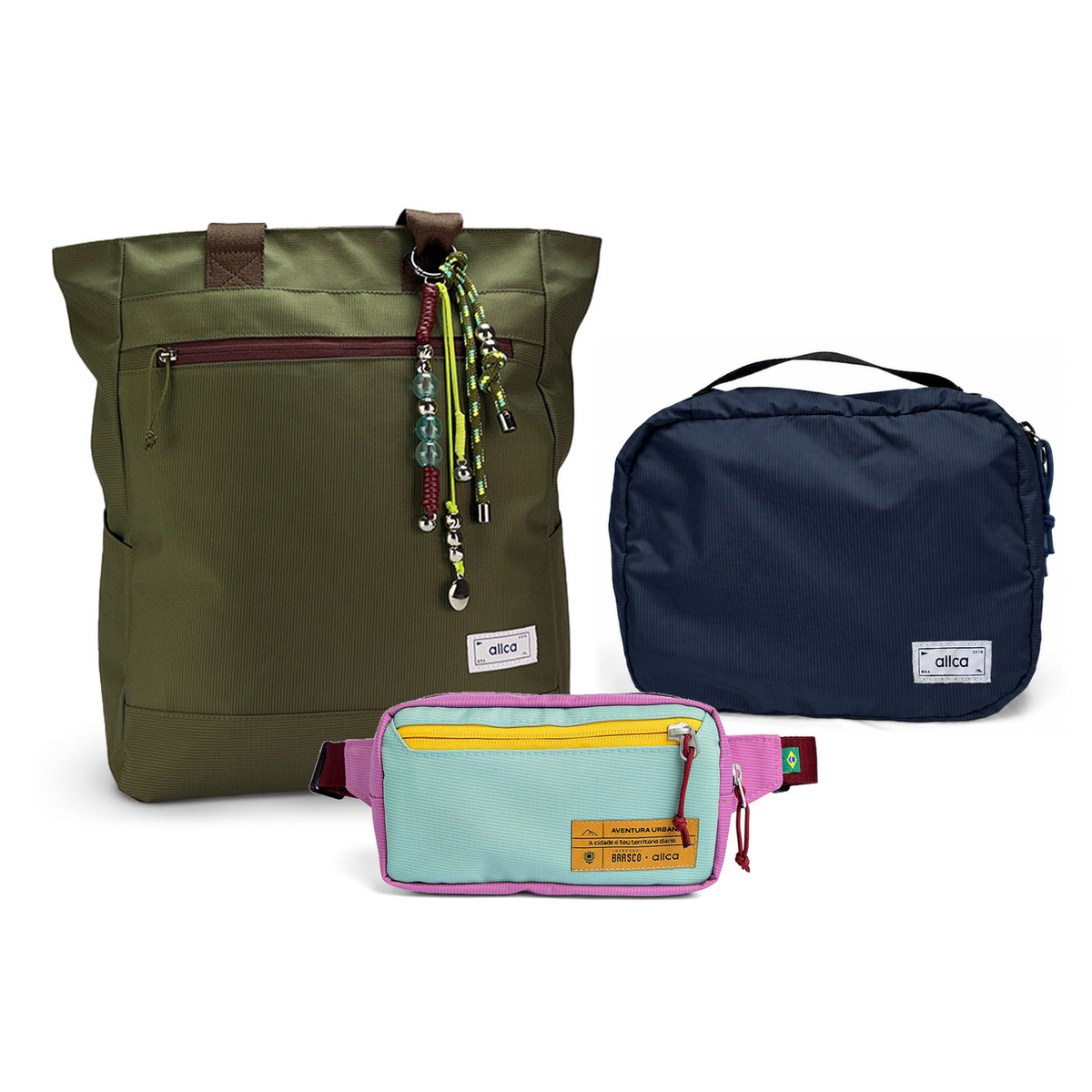 Kit Aerolook - Tote Minuano + Pochete Brasco, Verde Araucária e Azul Respiro, Nécessaire Hotel Azul Aurora da Allcatrazes