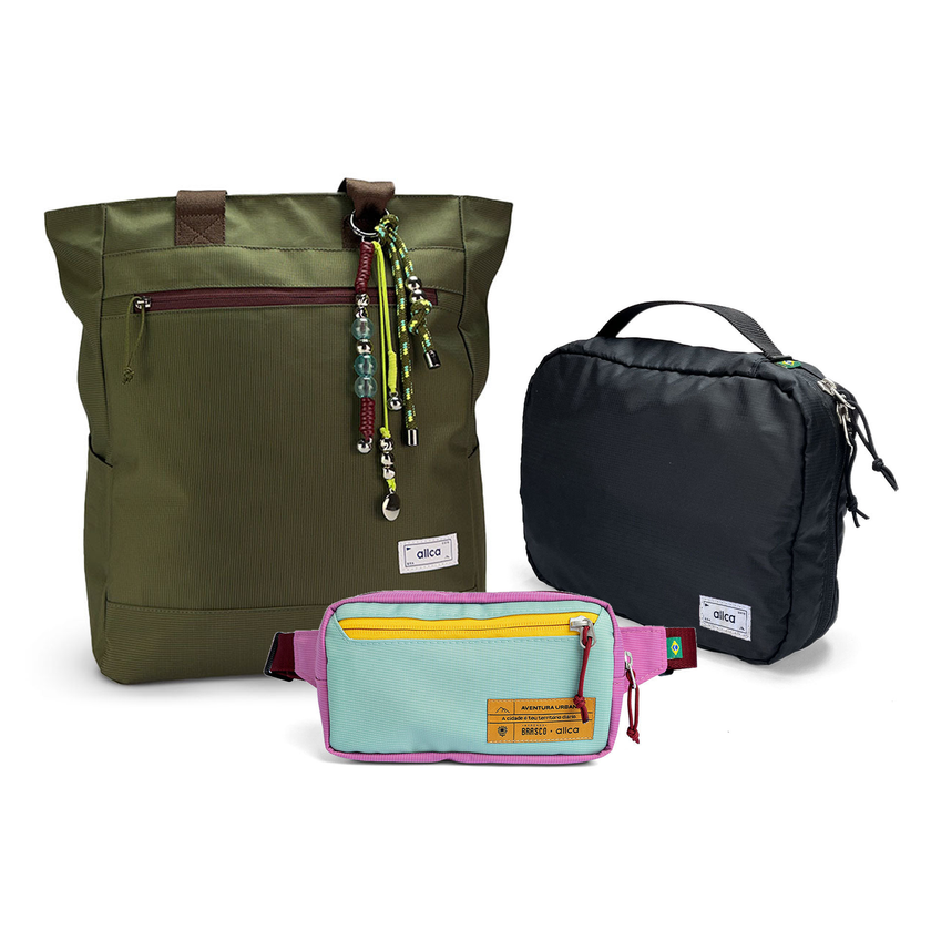Kit Aerolook com Tote Minuano e Pochete Brasco, Verde Araucária e Azul Respiro, com Nécessaire Hotel preta da Allcatrazes