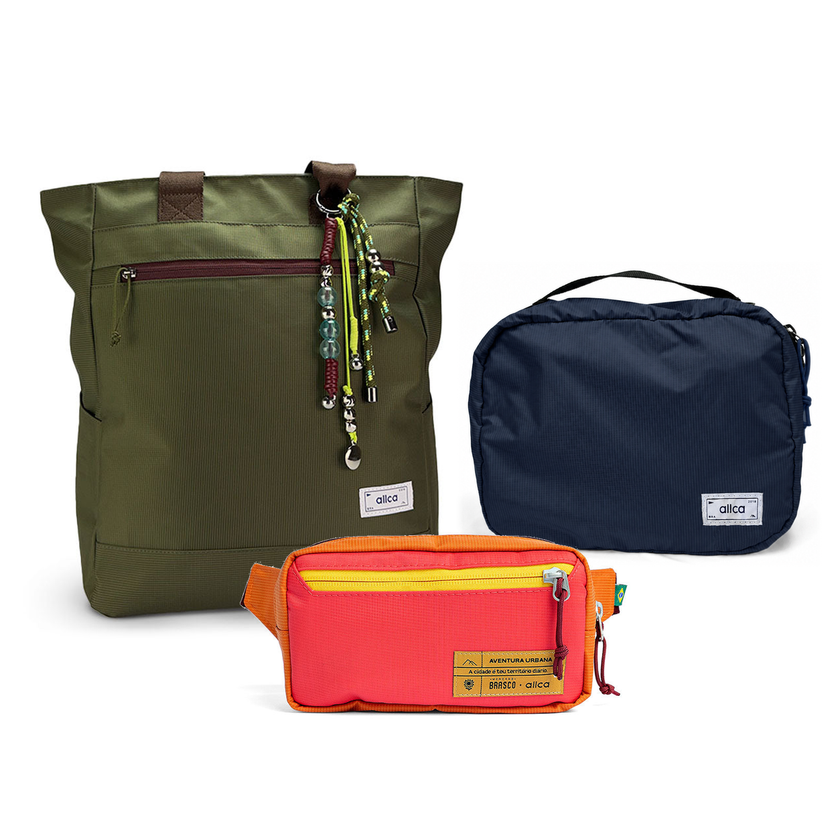 Kit Aerolook - Tote Minuano + Pochete Brasco, Verde Araucária e Coral Esquina, Nécessaire Hotel Azul Aurora da Allcatrazes