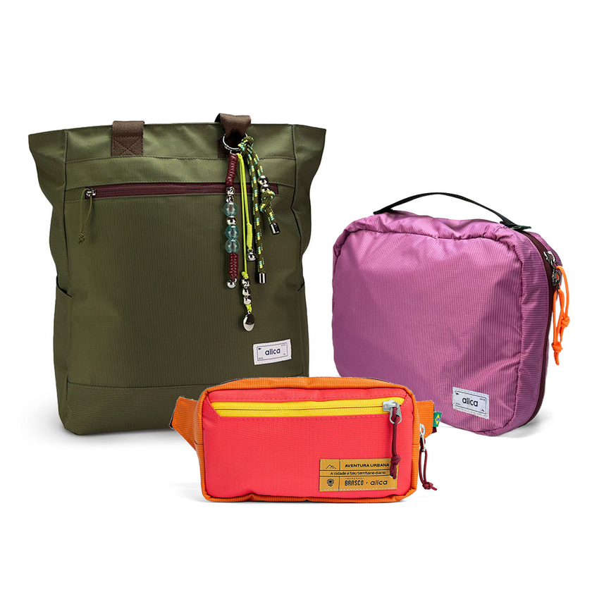 Kit Aerolook - Tote Minuano + Pochete Brasco, Verde Araucária e Coral Esquina, Nécessaire Hotel Rosa da Allcatrazes