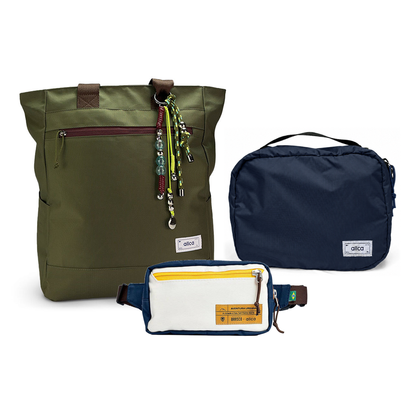 Kit Aerolook - Tote Minuano + Pochete Brasco, Verde Araucária e Off White Encontro, Nécessaire Hotel Azul Aurora da Allcatrazes