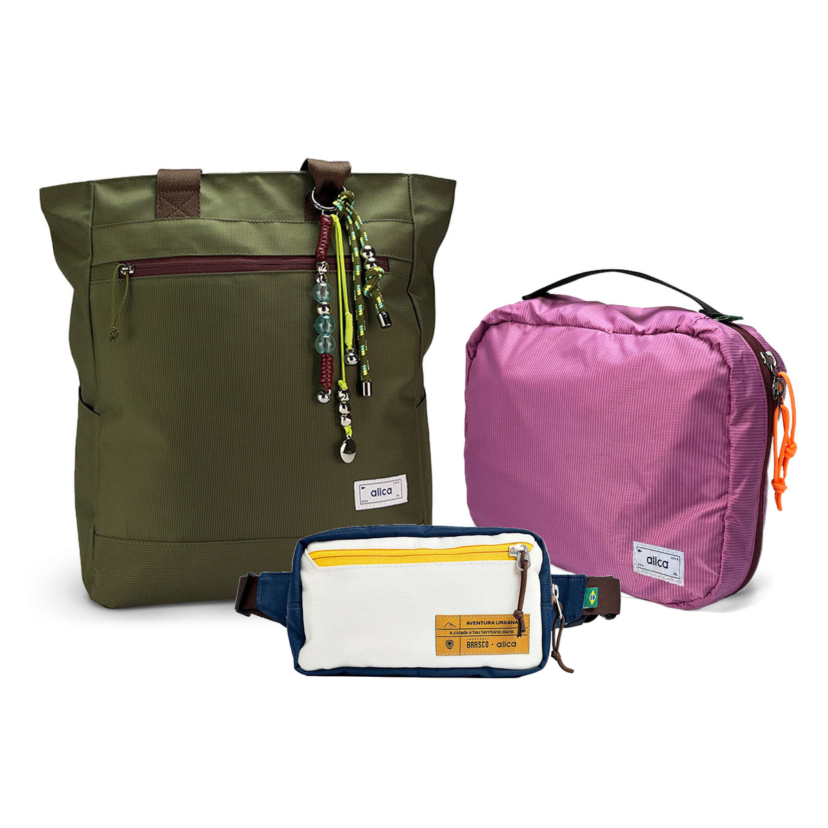 Kit Aerolook - Tote Minuano + Pochete Brasco, Verde Araucária e Off White Encontro, Nécessaire Hotel Rosa da Allcatrazes