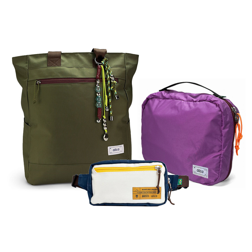 Kit Aerolook - Tote Minuano + Pochete Brasco, Verde Araucária e Off White Encontro, Nécessaire Hotel Roxa da Allcatrazes