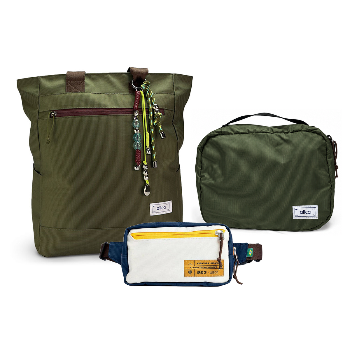 Kit Aerolook - Tote Minuano + Pochete Brasco, Verde Araucária e Off White Encontro, Nécessaire Hotel Verde Araucária da Allcatrazes