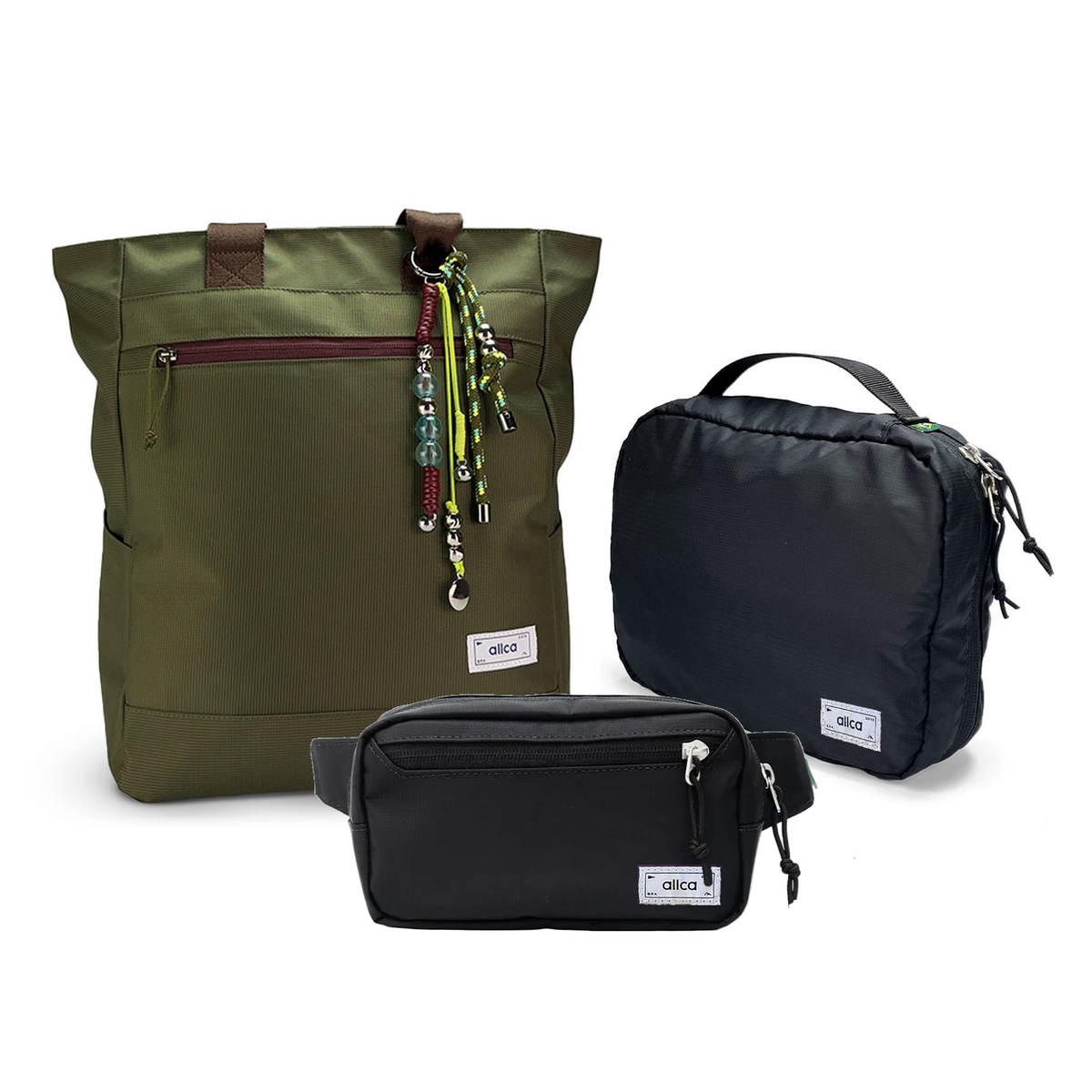 Kit Aerolook com Tote Minuano e Pochete Eclipse, Verde Araucária e preta, com Nécessaire Hotel preta da Allcatrazes