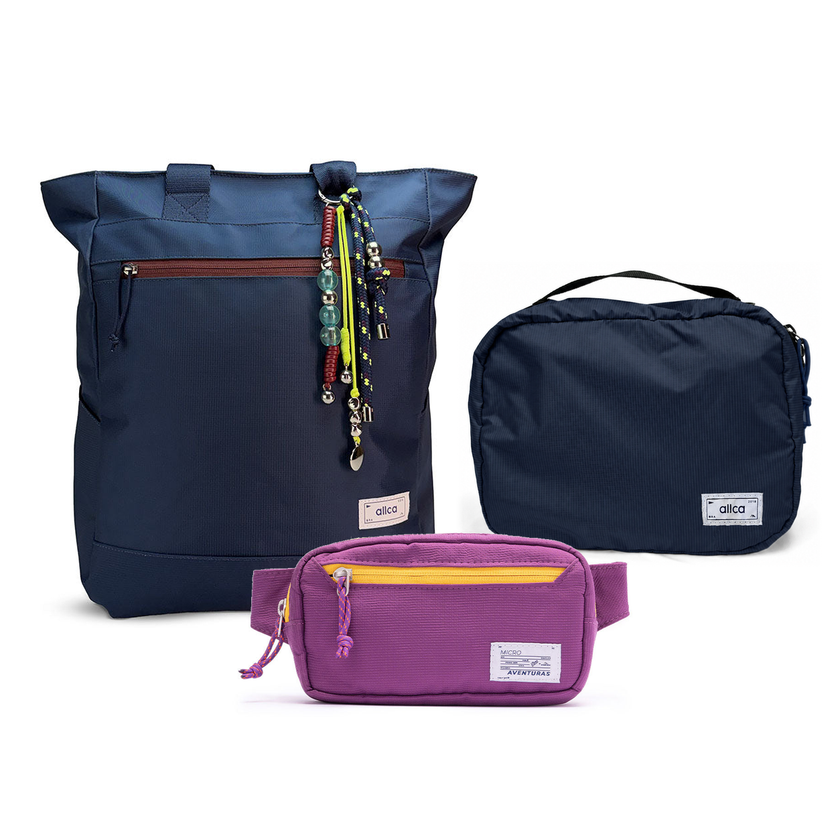 Kit Aerolook - Tote Minuano + Pochete The Summer Hunter, Azul Aurora e Roxo Viagem, Nécessaire Hotel Azul Aurora da Allcatrazes