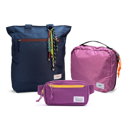 Kit Aerolook - Tote Minuano + Pochete The Summer Hunter, Azul Aurora e Roxo Viagem, Nécessaire Hotel Rosa da Allcatrazes