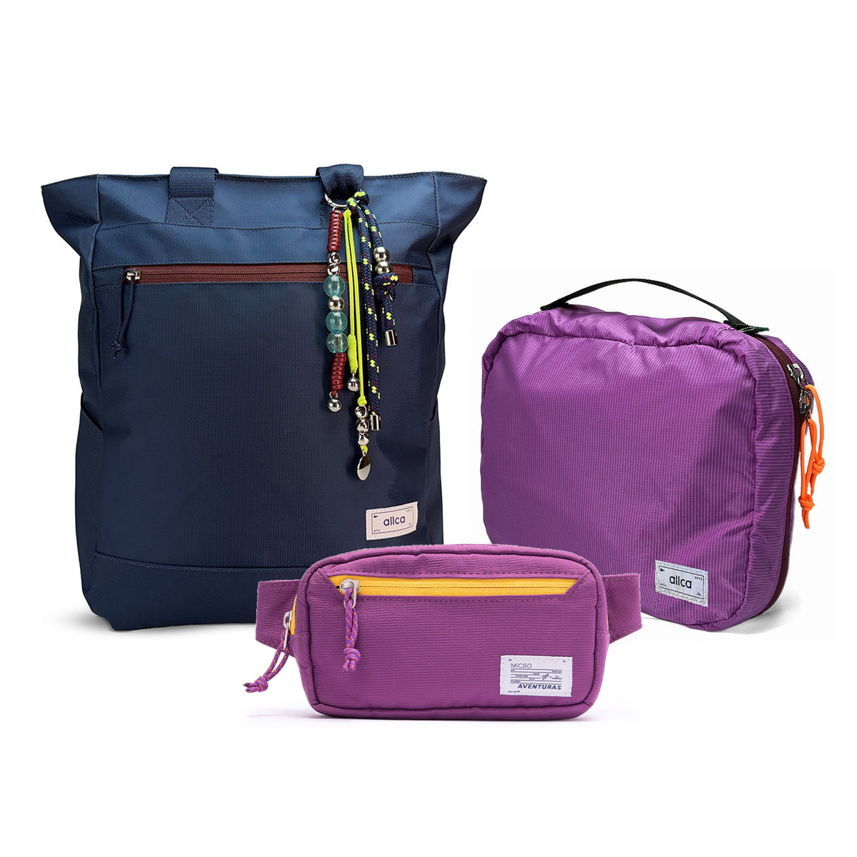 Kit Aerolook - Tote Minuano + Pochete The Summer Hunter, Azul Aurora e Roxo Viagem, Nécessaire Hotel Roxa da Allcatrazes