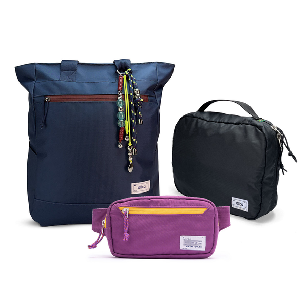 Kit Aerolook com Tote Minuano e Pochete The Summer Hunter, Azul Aurora e Roxo Viagem, com Nécessaire Hotel preta da Allcatrazes