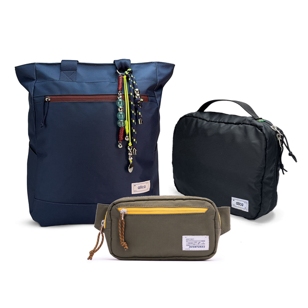 Kit Aerolook com Tote Minuano e Pochete The Summer Hunter, Azul Aurora e Verde Cachoeira, com Nécessaire Hotel preta da Allcatrazes
