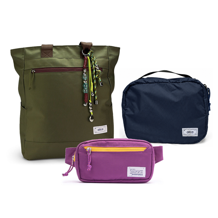 Kit Aerolook - Tote Minuano + Pochete The Summer Hunter, Verde Araucária e Roxo Viagem, Nécessaire Hotel Azul Aurora da Allcatrazes