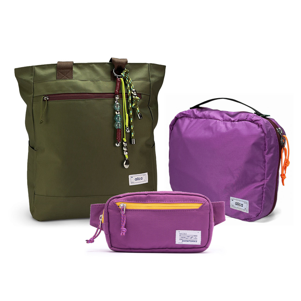Kit Aerolook - Tote Minuano + Pochete The Summer Hunter, Verde Araucária e Roxo Viagem, Nécessaire Hotel Roxa da Allcatrazes