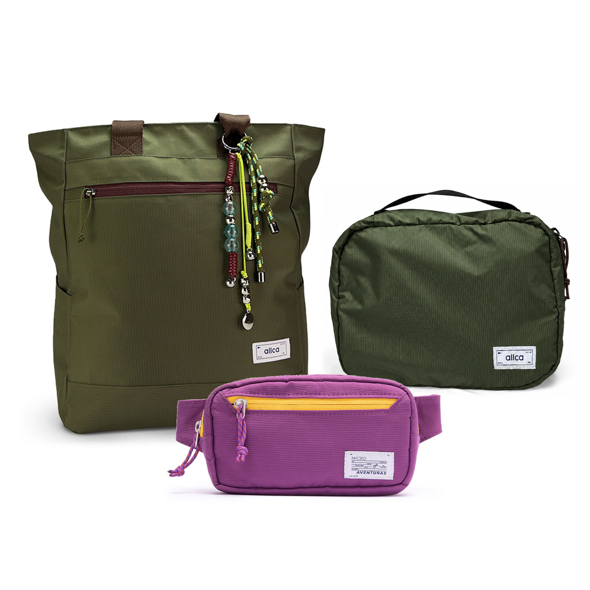 Kit Aerolook - Tote Minuano + Pochete The Summer Hunter, Verde Araucária e Roxo Viagem, Nécessaire Hotel Verde Araucária da Allcatrazes