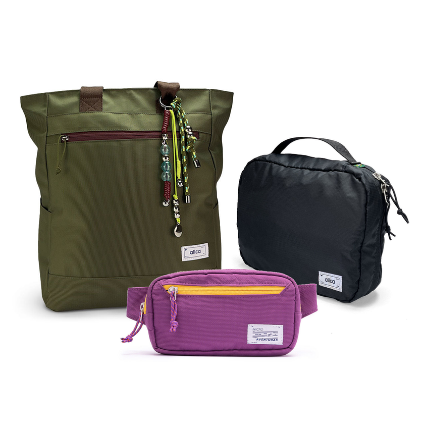 Kit Aerolook com Tote Minuano e Pochete The Summer Hunter, Verde Araucária e Roxo Viagem, com Nécessaire Hotel preta da Allcatrazes