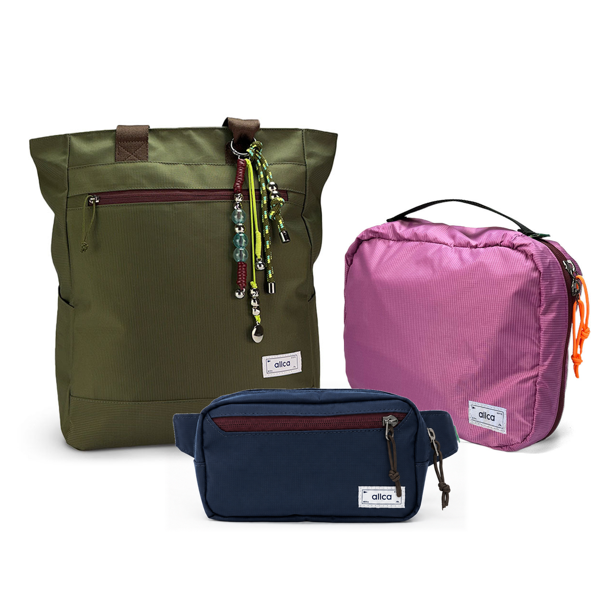 Kit Aerolook Minuano com Tote Verde Araucária com charm, Pochete Azul Aurora e Nécessaire Hotel Rosa da Allcatrazes