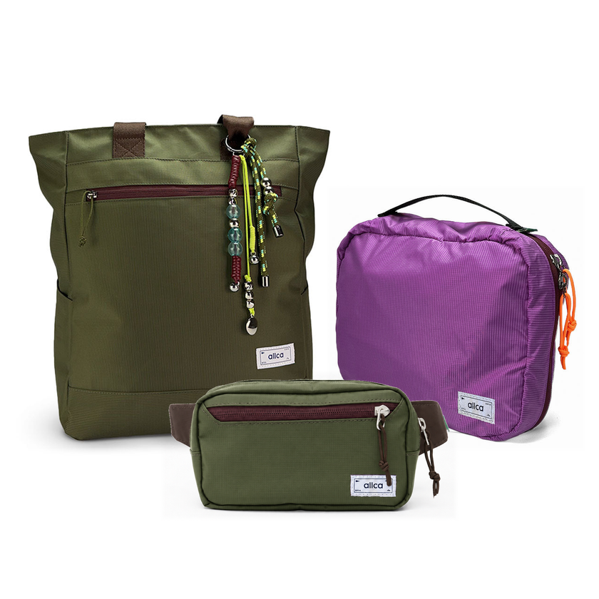 Kit Aerolook Minuano com Tote Verde Araucária com charm, Pochete Verde Araucária e Nécessaire Hotel Roxa da Allcatrazes