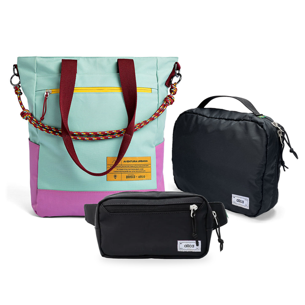 Kit Aerolook com Tote Brasco Azul Respiro, Pochete Eclipse preta e Nécessaire Hotel preta fechada da Allcatrazes