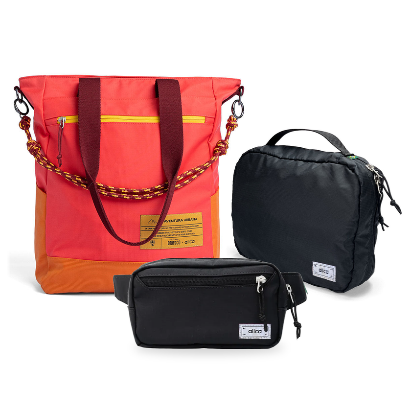 Kit Aerolook com Tote Brasco Coral Esquina, Pochete Eclipse preta e Nécessaire Hotel preta fechada da Allcatrazes