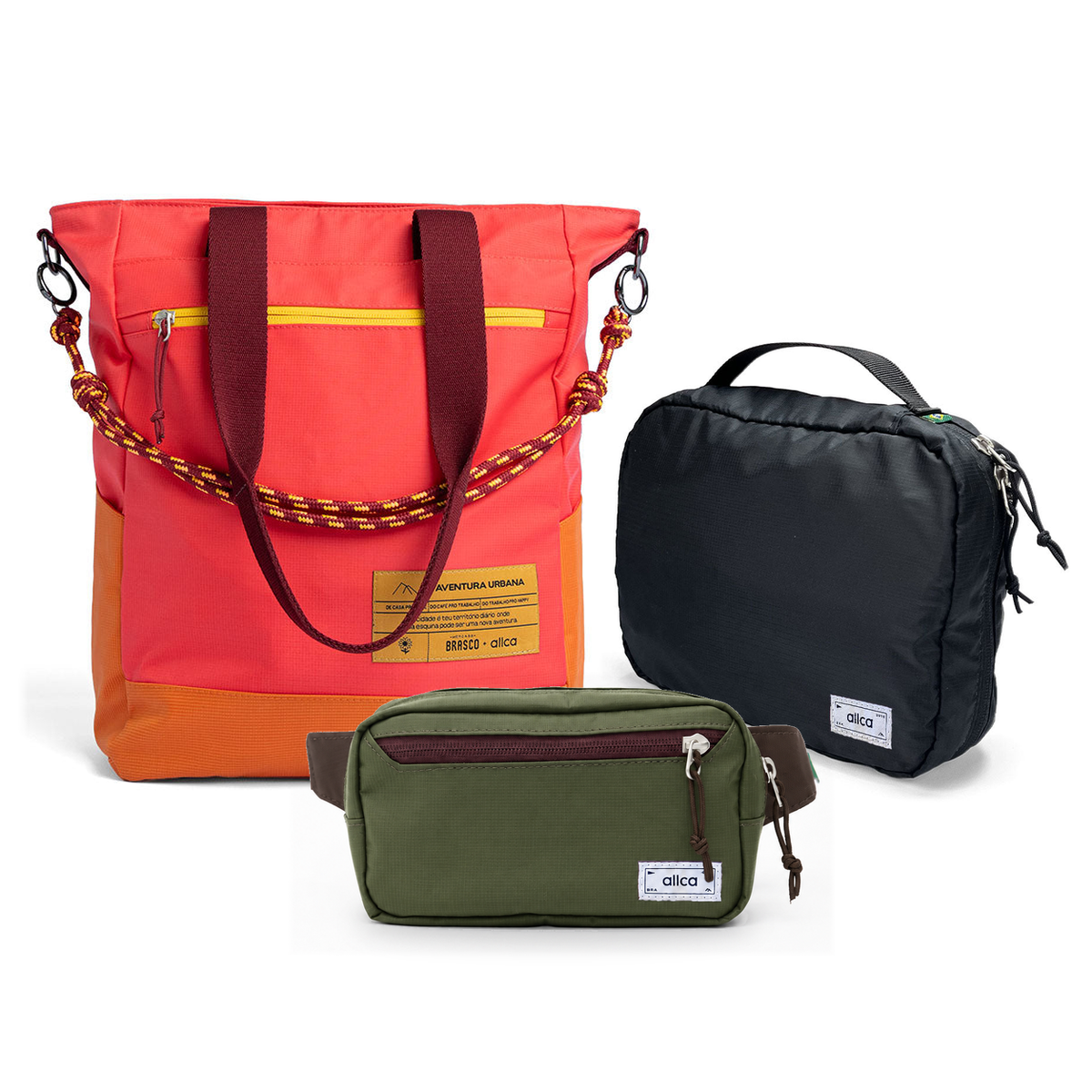 Kit Aerolook com Tote Brasco Coral Esquina, Pochete Minuano Verde Araucária e Nécessaire Hotel preta fechada da Allcatrazes