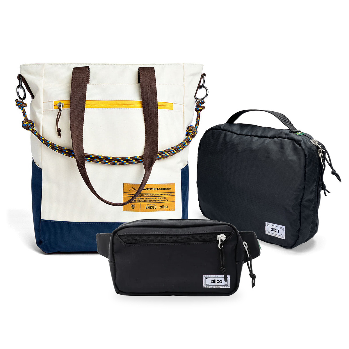 Kit Aerolook com Tote Brasco Off White Encontro, Pochete Eclipse preta e Nécessaire Hotel preta fechada da Allcatrazes