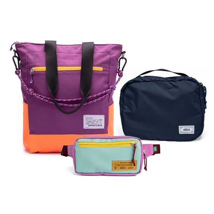 Kit Aerolook - Tote The Summer Hunter + Pochete Brasco, Roxo Viagem e Azul Respiro, Nécessaire Hotel Azul Aurora da Allcatrazes