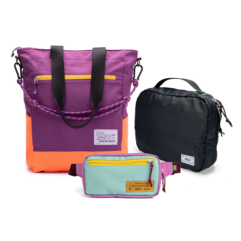 Kit Aerolook com Tote The Summer Hunter e Pochete Brasco, Roxo Viagem e Azul Respiro, com Nécessaire Hotel preta da Allcatrazes