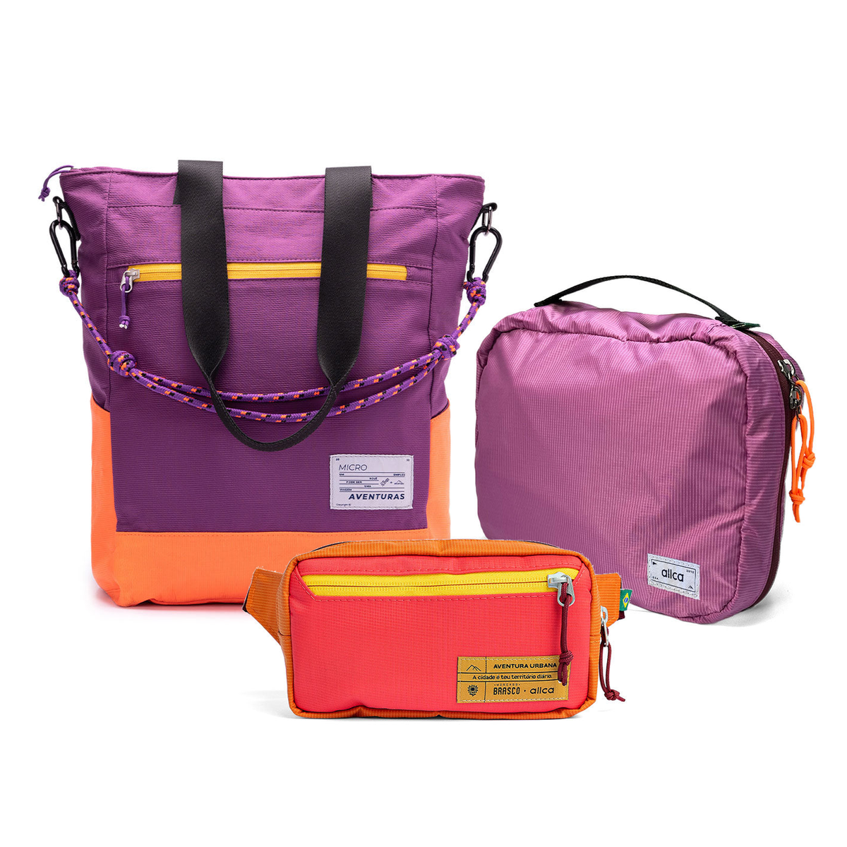 Kit Aerolook - Tote The Summer Hunter + Pochete Brasco, Roxo Viagem e Coral Esquina, Nécessaire Hotel Rosa da Allcatrazes
