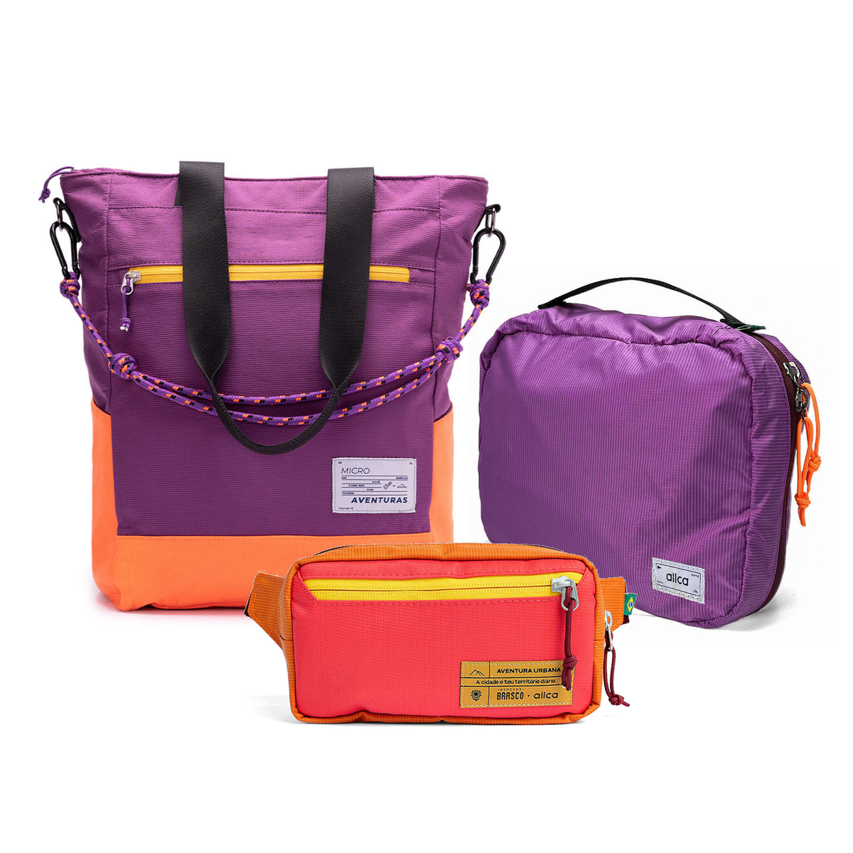 Kit Aerolook - Tote The Summer Hunter + Pochete Brasco, Roxo Viagem e Coral Esquina, Nécessaire Hotel Roxa da Allcatrazes