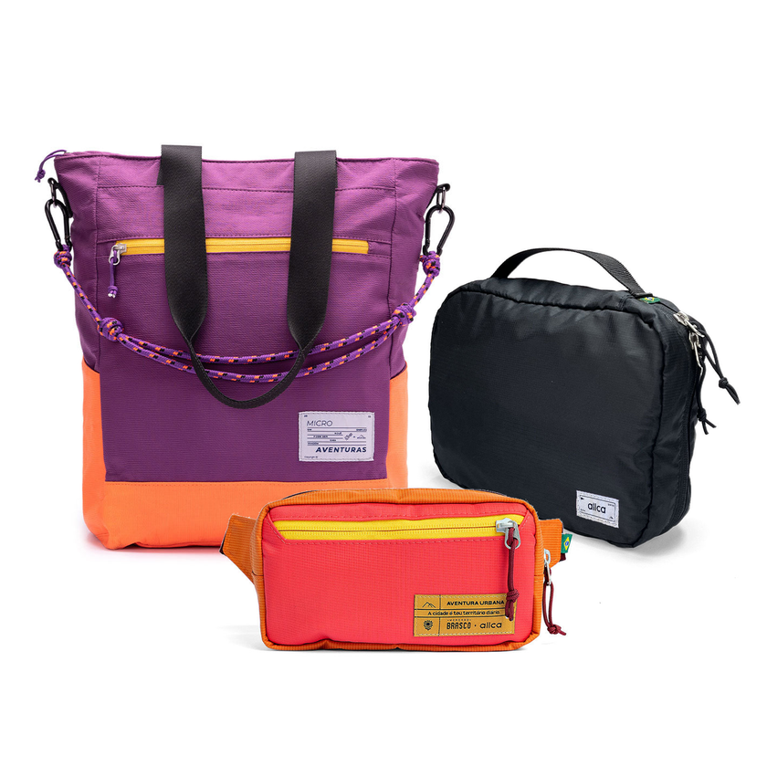 Kit Aerolook com Tote The Summer Hunter e Pochete Brasco, Roxo Viagem e Coral Esquina, com Nécessaire Hotel preta da Allcatrazes