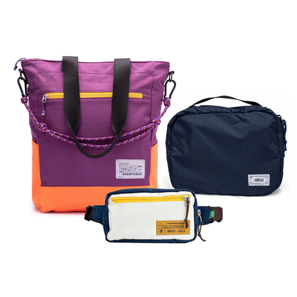 Kit Aerolook - Tote The Summer Hunter + Pochete Brasco, Roxo Viagem e Off White Encontro, Nécessaire Hotel Azul Aurora da Allcatrazes