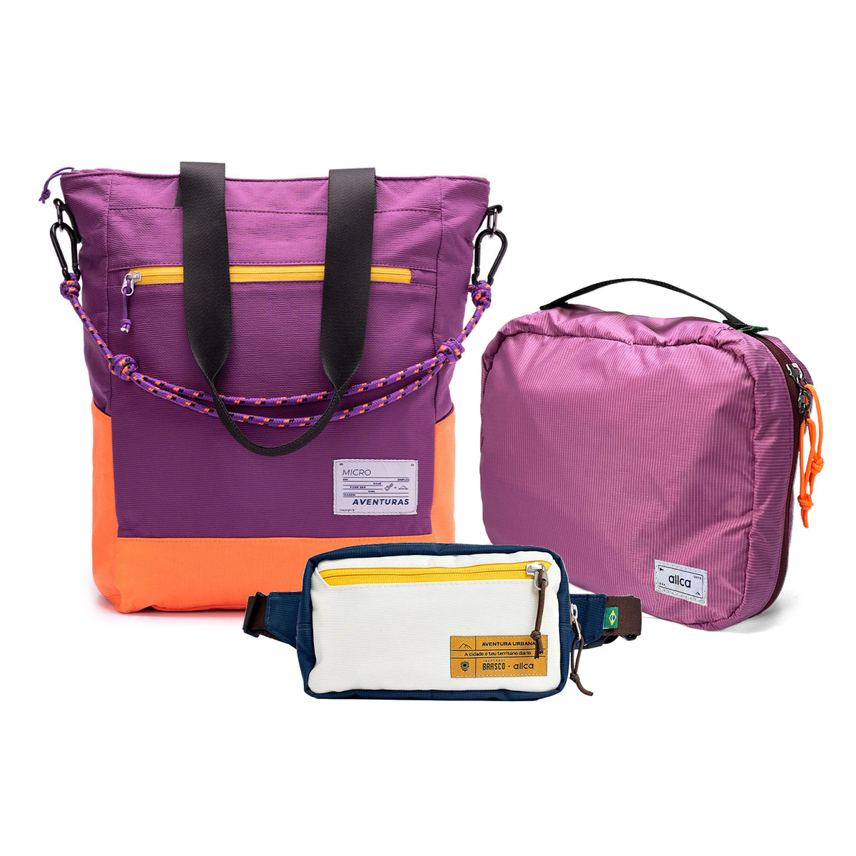 Kit Aerolook - Tote The Summer Hunter + Pochete Brasco, Roxo Viagem e Off White Encontro, Nécessaire Hotel Rosa da Allcatrazes