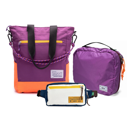 Kit Aerolook - Tote The Summer Hunter + Pochete Brasco, Roxo Viagem e Off White Encontro, Nécessaire Hotel Roxa da Allcatrazes