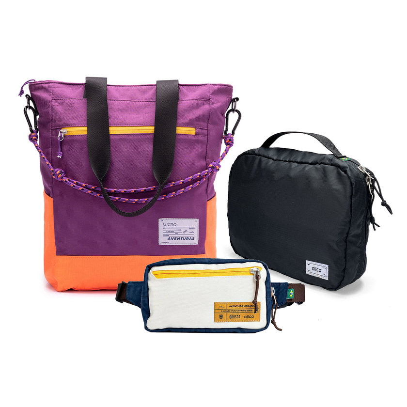 Kit Aerolook com Tote The Summer Hunter e Pochete Brasco, Roxo Viagem e Off White Encontro, com Nécessaire Hotel preta da Allcatrazes