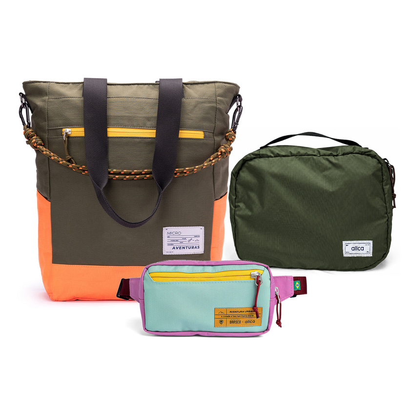 Kit Aerolook - Tote The Summer Hunter + Pochete Brasco, Verde Cachoeira e Azul Respiro, Nécessaire Hotel Verde Araucária da Allcatrazes