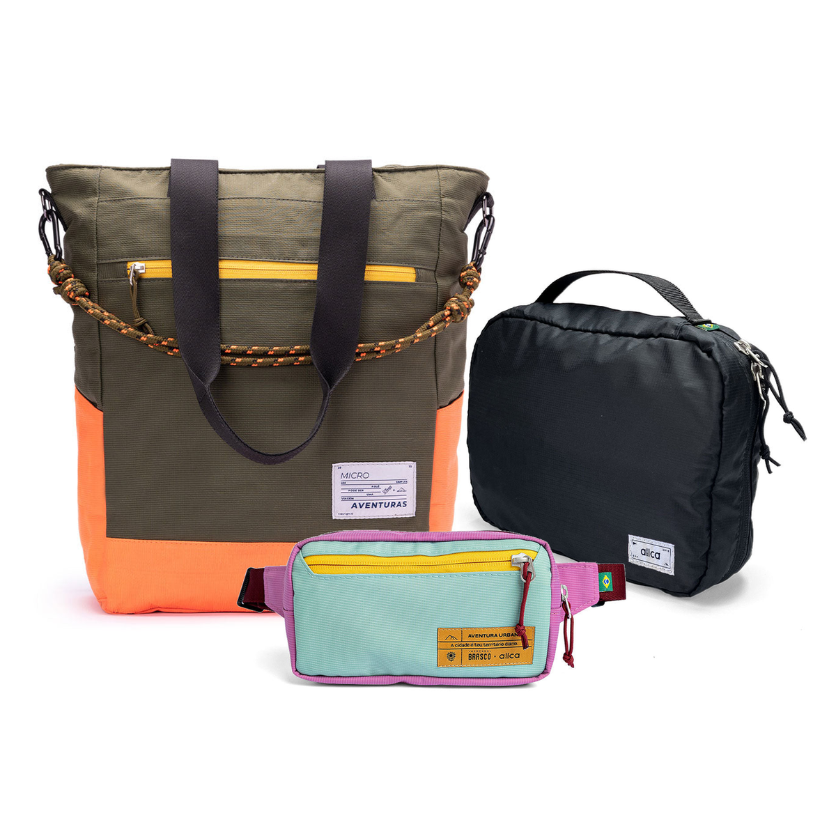 Kit Aerolook com Tote The Summer Hunter e Pochete Brasco, Verde Cachoeira e Azul Respiro, com Nécessaire Hotel preta da Allcatrazes