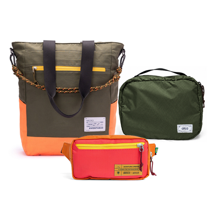 Kit Aerolook - Tote The Summer Hunter + Pochete Brasco, Verde Cachoeira e Coral Esquina, Nécessaire Hotel Verde Araucária da Allcatrazes