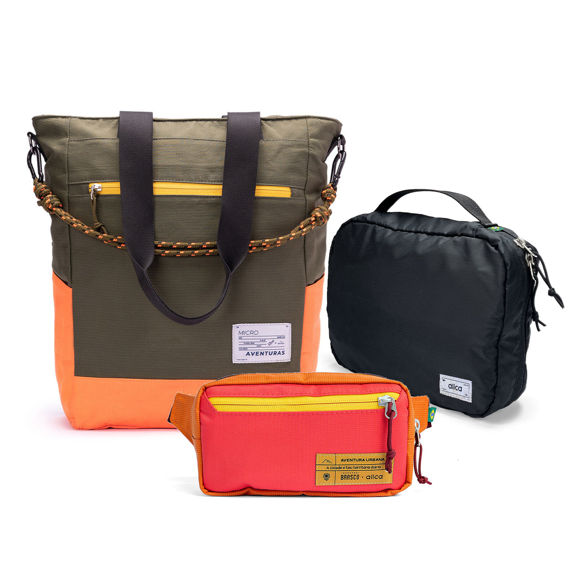 Kit Aerolook com Tote The Summer Hunter e Pochete Brasco, Verde Cachoeira e Coral Esquina, com Nécessaire Hotel preta da Allcatrazes
