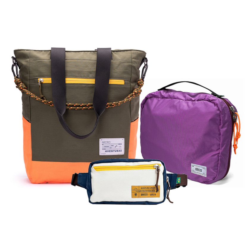 Kit Aerolook - Tote The Summer Hunter + Pochete Brasco, Verde Cachoeira e Off White Encontro, Nécessaire Hotel Roxa da Allcatrazes