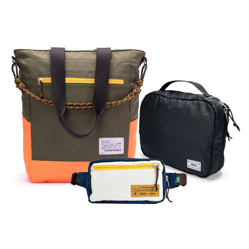 Kit Aerolook com Tote The Summer Hunter e Pochete Brasco, Verde Cachoeira e Off White Encontro, com Nécessaire Hotel preta da Allcatrazes