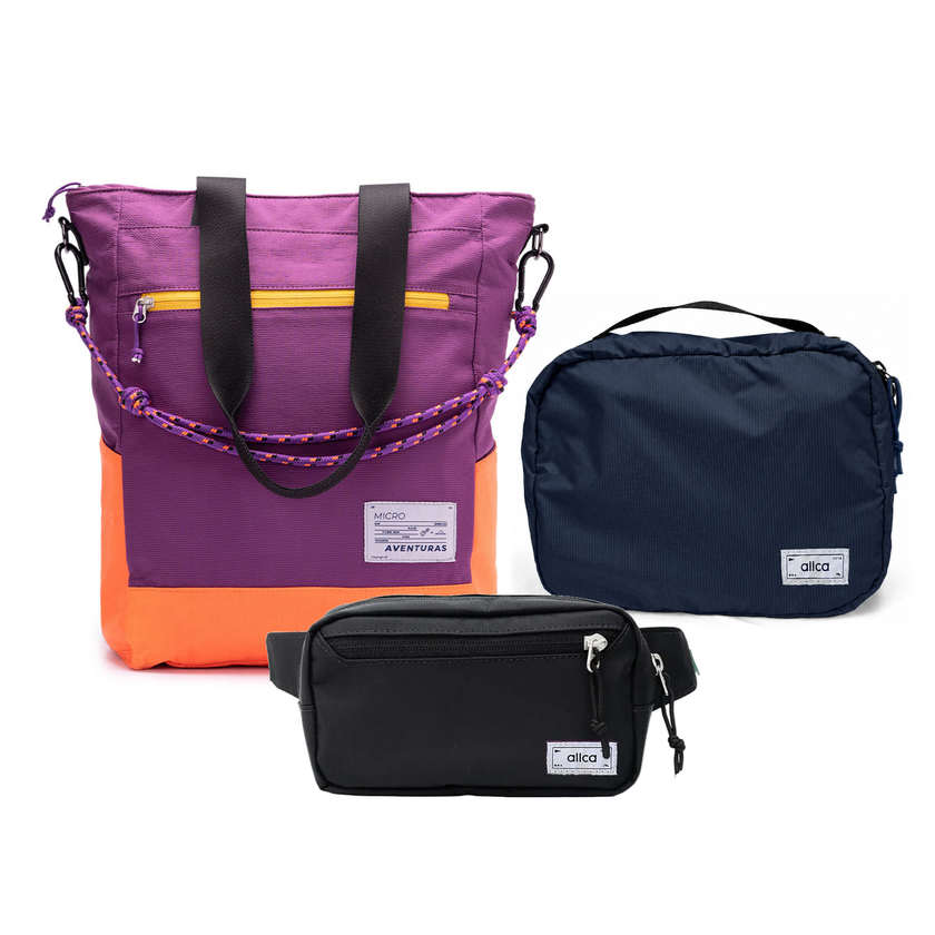 Kit Aerolook - Tote The Summer Hunter + Pochete Eclipse, Roxo Viagem e Preta, Nécessaire Hotel Azul Aurora da Allcatrazes